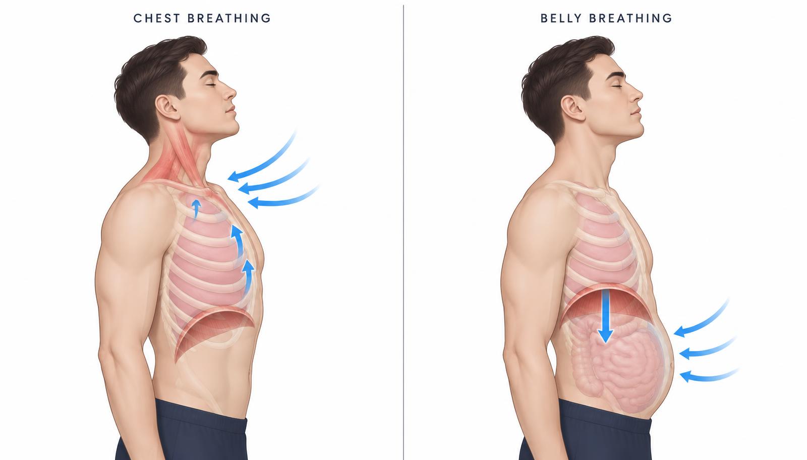 Side-by-side illustration of chest breathing versus belly breathing